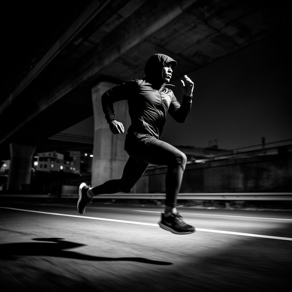Hooded runner sprinting at night